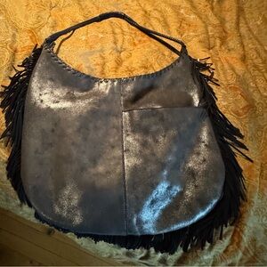 Hobo Fringed Metallic Black silver distressed hobo bag $150
